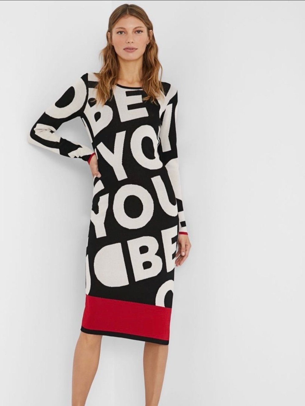 Desigual Black White Graphic Midi Dress with Asymmetrical Red Hem says BE YOU!